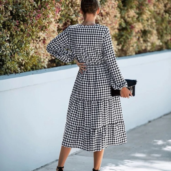 Gingham Twist Cut Out Ruffle Hem Bishop Sleeve Dress - Picture 2 of 2